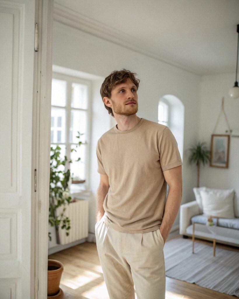 A minimalist 29 year old man with short brown hair and light stubble standing in a bright, uncluttered room with natural light and a calming atmosphere.