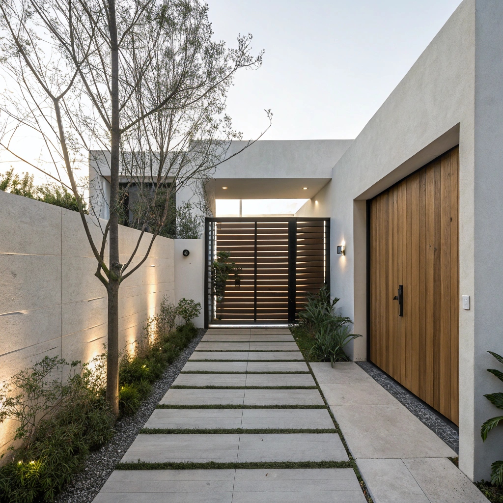 Minimalistic gate with wood and steel design in a modern home exterior”