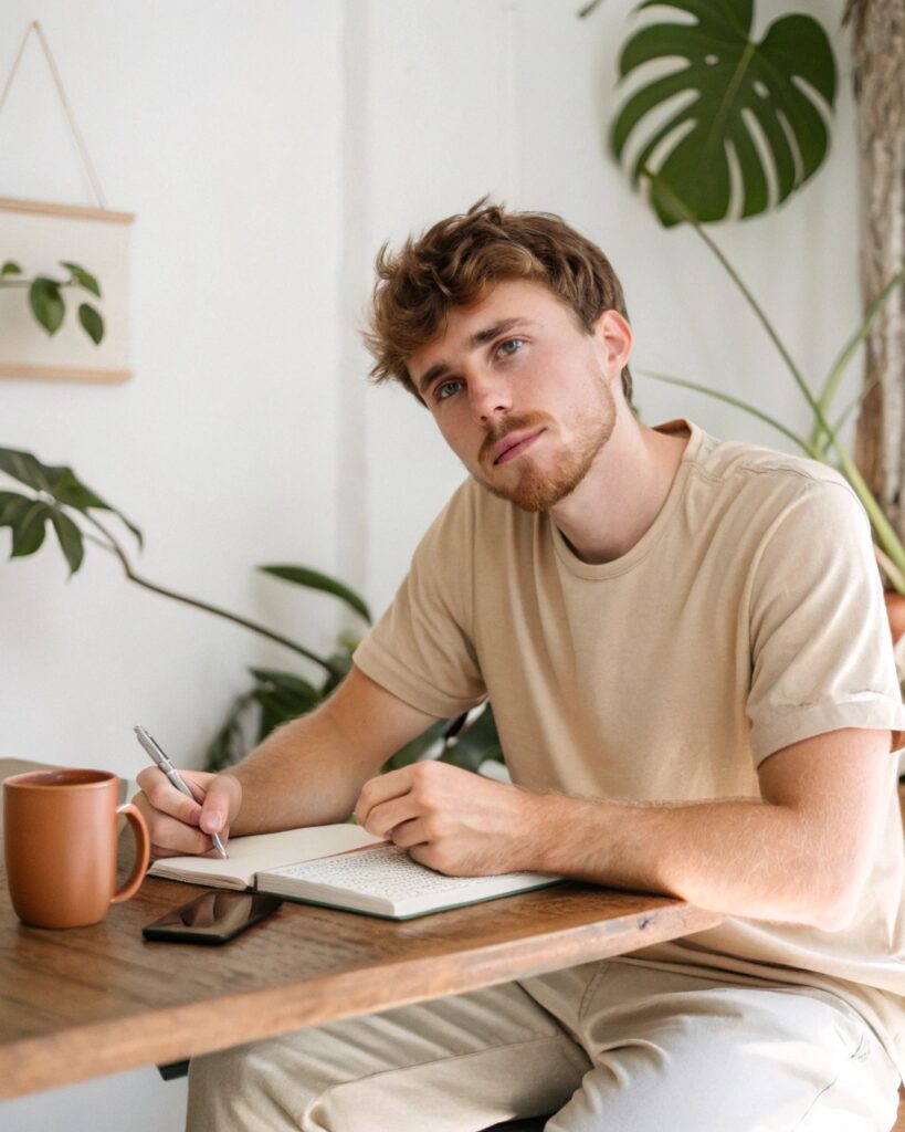 A 29 year old man with hazel eyes, short brown hair, and a light beard journaling at a wooden desk in a minimalist home with soft natural light.