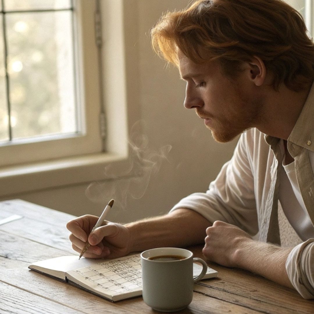 Eli Walker journaling with a cup of tea on a wooden table in a cozy minimalist morning scene lit by natural sunlight