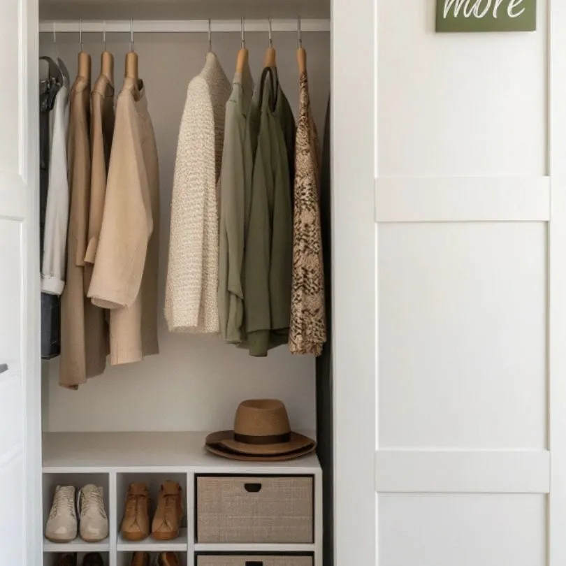 Minimalist capsule wardrobe with neutral and olive clothing, shoes neatly organized, and a “Less = More” sign.
