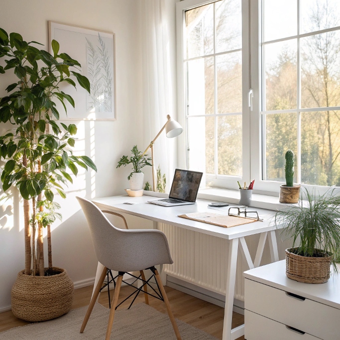 a-bright--minimalist-home-office-with-a-clean-desk Minimalist home office with natural light and calming decor.