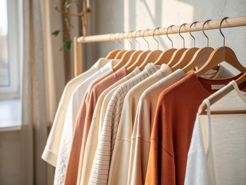 Minimalist clothing rack with neatly arranged neutral-toned garments on wooden hangers, bathed in natural sunlight