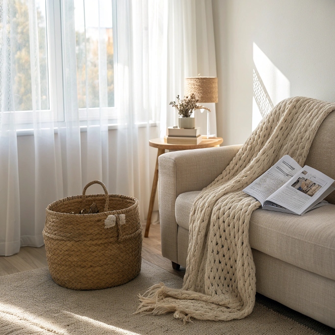 A cozy minimalist living room corner with a beige couch, a soft blanket, and a decluttering checklist in a woven basket. Sunlight filters through sheer curtains, creating a warm and peaceful atmosphere.