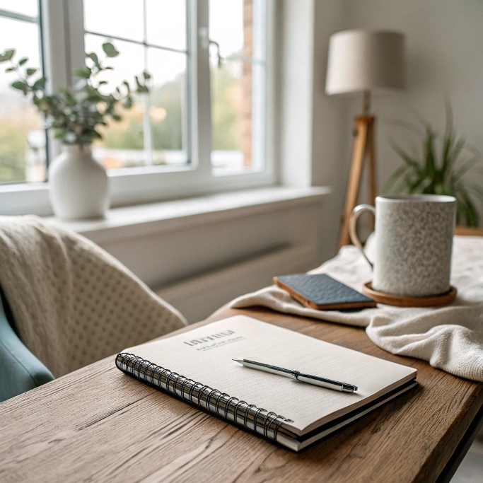 A minimalist workspace with a budget notebook, cup of tea, and natural light creating a peaceful setting.