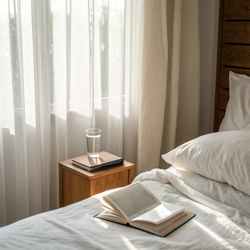  Minimalist bedroom with morning sunlight, book, and no phone in sight.