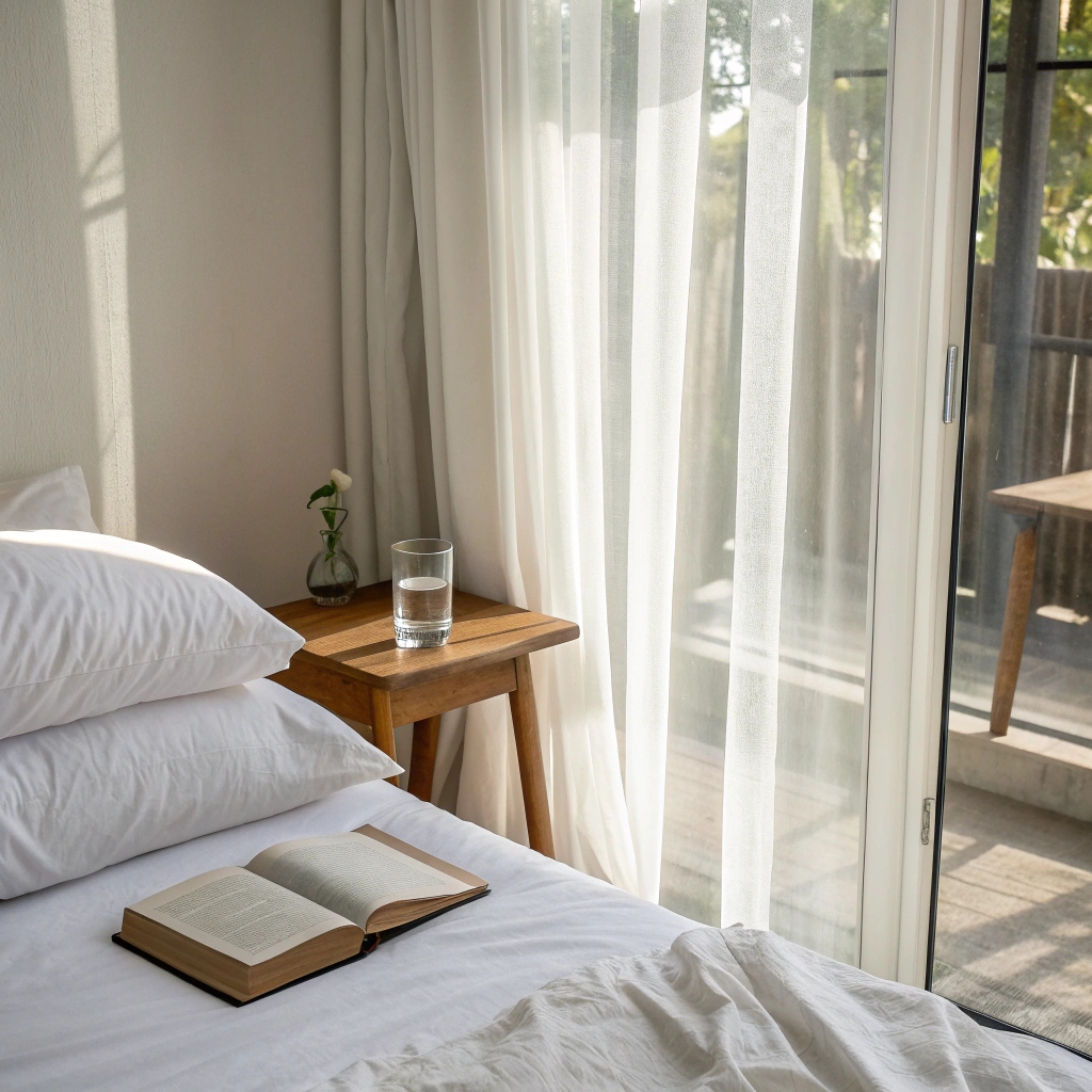 Minimalist bedroom with sunlight, book, and no phone.