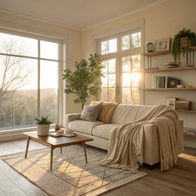 Minimalist living room with natural light and cozy neutral decor.