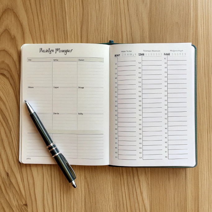 -flat-lay-of-a-minimalist-budget-planne--and-pen-o Minimalist budget planner with coffee and pen.