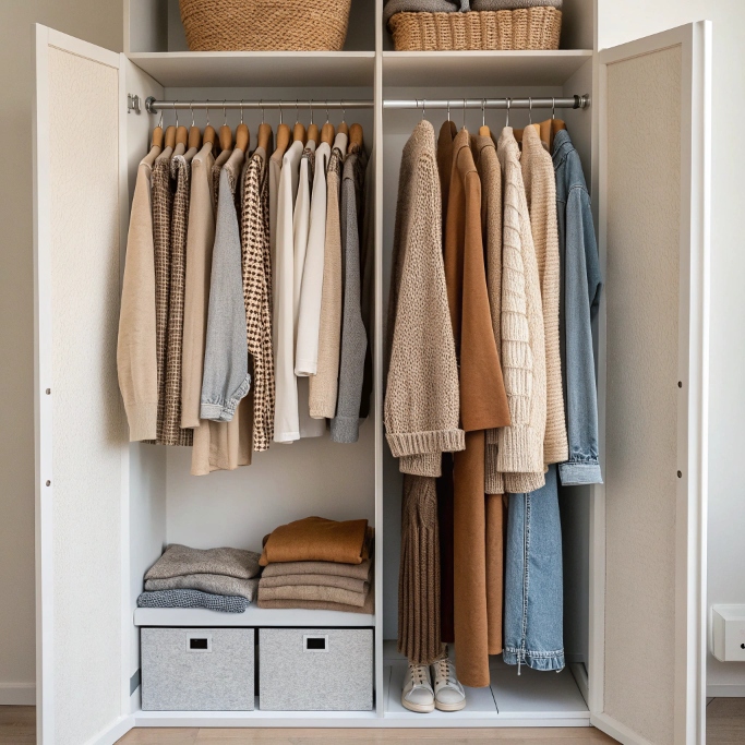 minimalist-wardrobe-with-neutral-colored-clothes-n Minimalist autumn wardrobe with neutral tones.